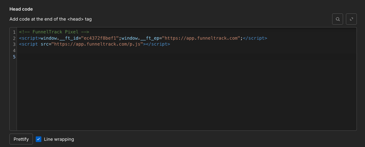 Pasting the FunnelTrack pixel into Webflow's head custom code