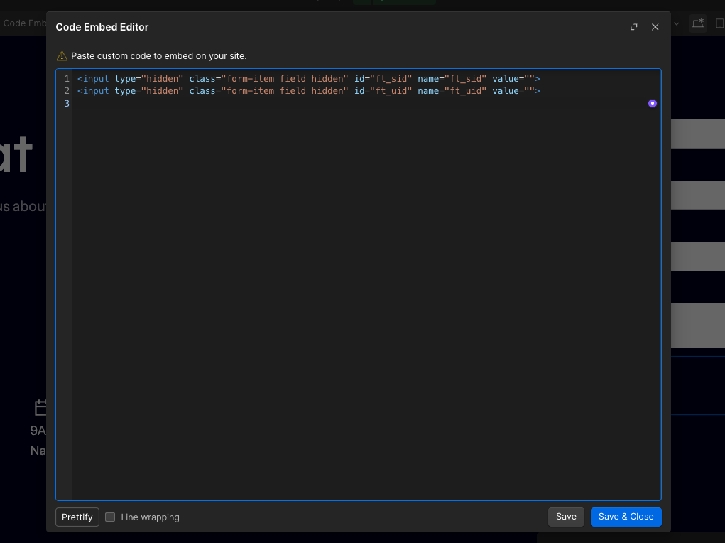 Adding ft_sid and ft_uid hidden fields via a Webflow Code embed inside the form
