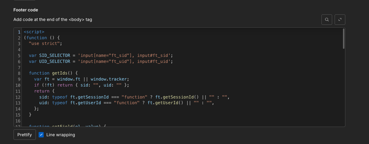 Pasting the FunnelTrack injector script into Webflow's footer custom code