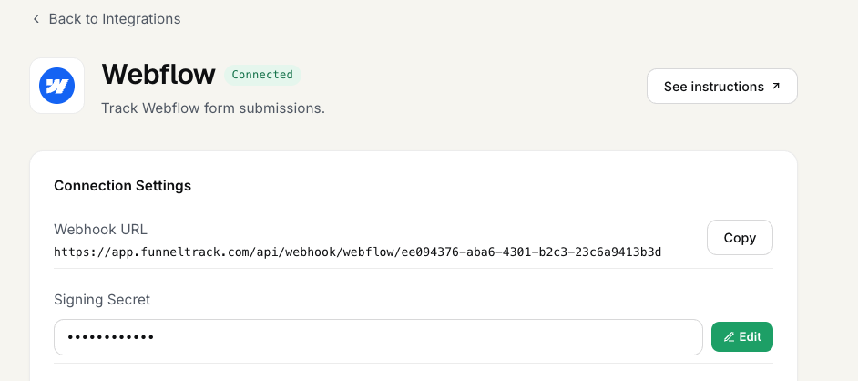 Pasting the Webflow signing secret into the FunnelTrack connection panel