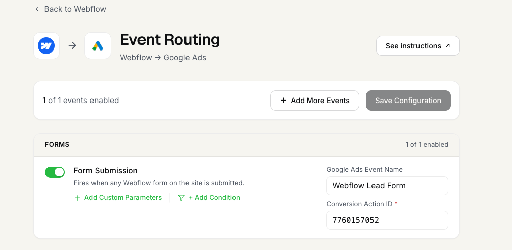 Enabling the Webflow form-submission event and routing it to an ad platform in FunnelTrack