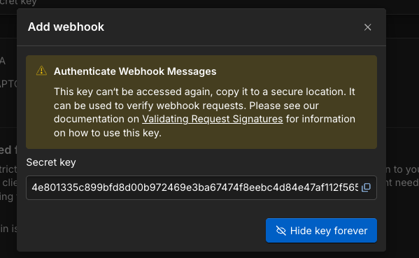 Webflow displaying the signing secret for the newly created webhook