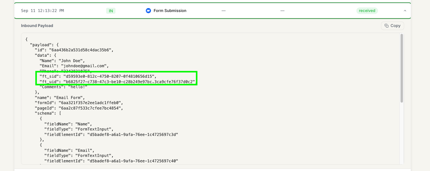 Browser inspector showing the ft_sid and ft_uid hidden fields populated with values