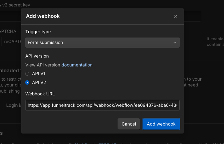 Creating a Form submission webhook in Webflow pointing at the FunnelTrack URL